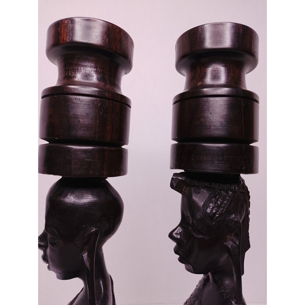Vintage Mid-Century African Hand-Carved Ebony Wood Candlesticks - Picture 14 of 16
